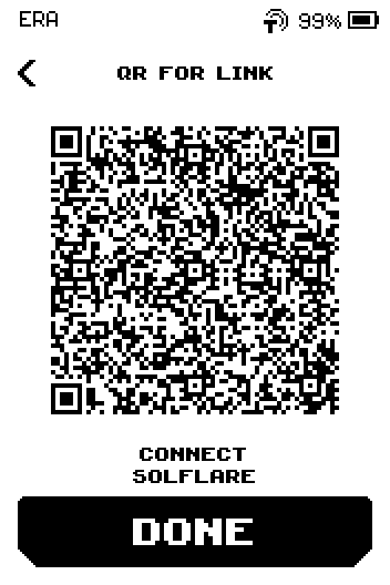 QR for link screen with the code, caption CONNECT SOLFLARE and a DONE button.