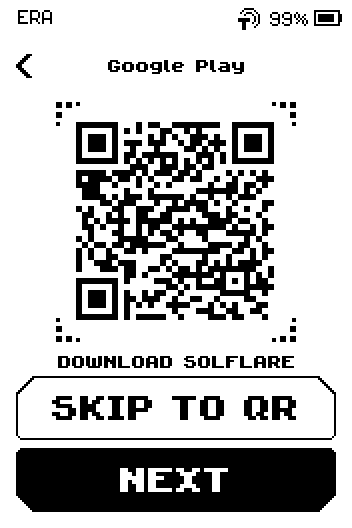 Google Play page with a store QR, caption DOWNLOAD SOLFLARE, SKIP TO QR and NEXT buttons.