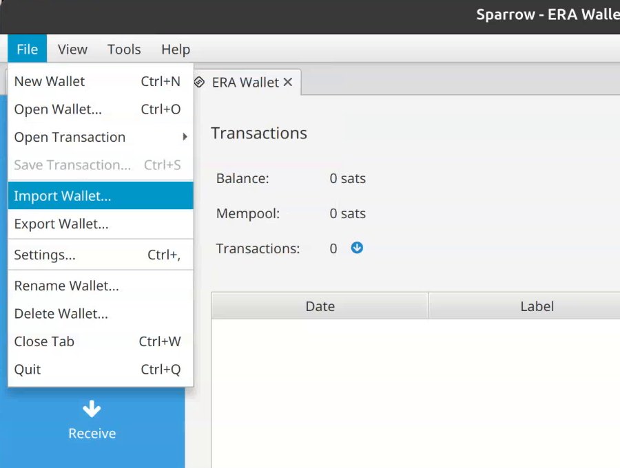 Sparrow File menu with Import Wallet highlighted.