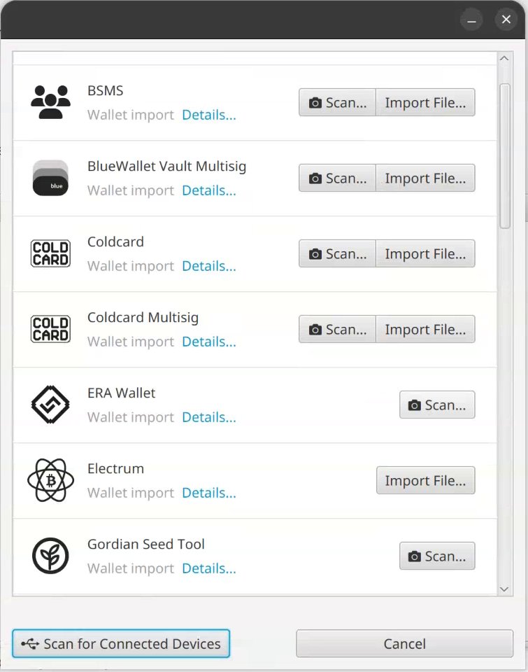 Sparrow Import Wallet dialog with the ERA Wallet row and its Scan button.