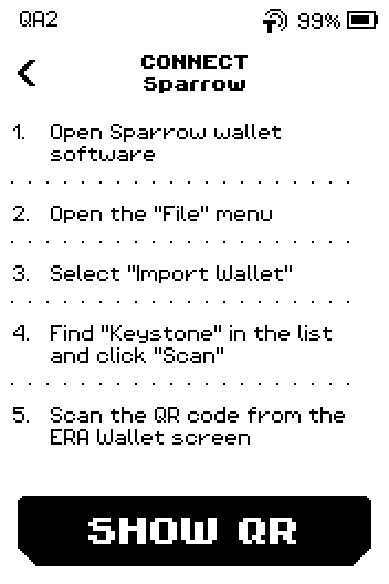 Connect Sparrow instructions: open Sparrow, open the File menu, Import Wallet, find Keystone and choose Scan, scan the QR; SHOW QR button.