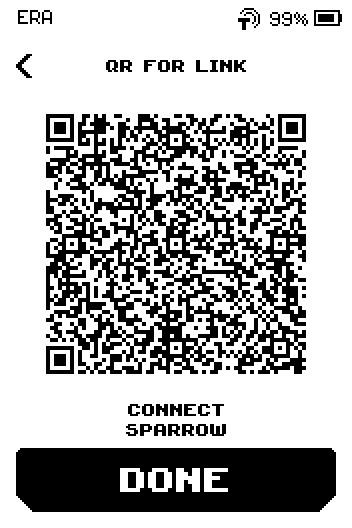 QR for link screen with the code, caption CONNECT SPARROW and a DONE button.