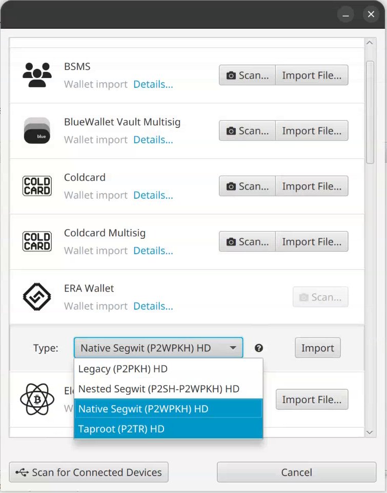 ERA Wallet row with the Type list open: Legacy, Nested Segwit, Native Segwit, Taproot; Import button.