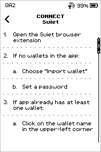 Connect Suiet instructions, 6 steps ending with Scan the QR code from the ERA Wallet screen, and a SHOW QR button.