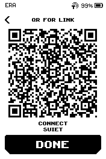 QR for link screen with the code, caption CONNECT SUIET and a DONE button.