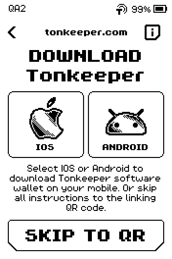 Download Tonkeeper page with IOS and ANDROID tiles and a SKIP TO QR button.