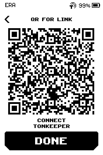 QR for link screen with the code, caption CONNECT TONKEEPER and a DONE button.
