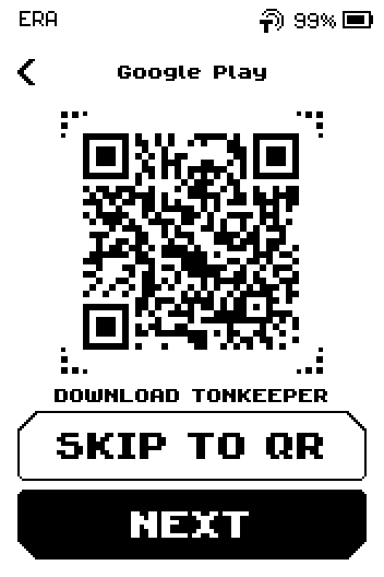 Google Play page with a store QR, caption DOWNLOAD TONKEEPER, SKIP TO QR and NEXT buttons.