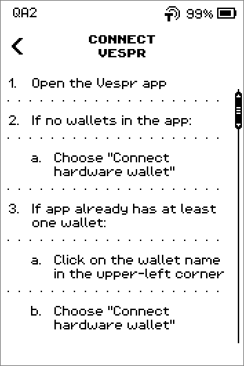 Connect VESPR instructions, 5 steps ending with Scan the QR code from the ERA Wallet screen, and a SHOW QR button.
