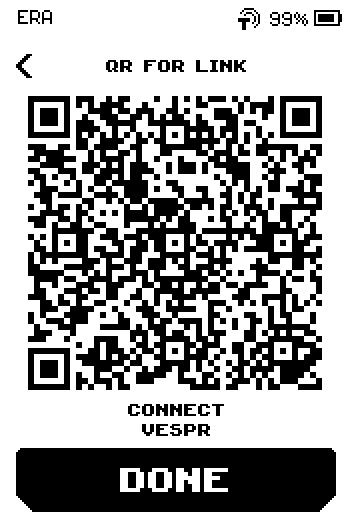 QR for link screen with the code, caption CONNECT VESPR and a DONE button.