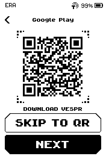 Google Play page with a store QR, caption DOWNLOAD VESPR, SKIP TO QR and NEXT buttons.