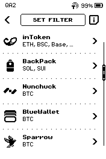 Wallet list, second page: imToken, BackPack, Nunchuck, BlueWallet, Sparrow.