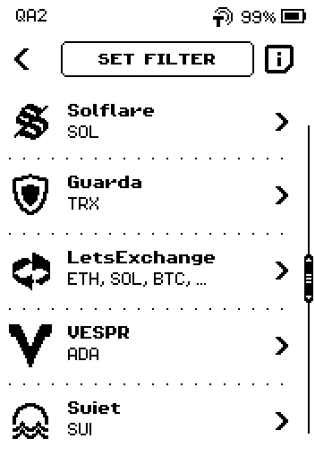 Wallet list, third page: Solflare, Guarda, LetsExchange, VESPR, Suiet.