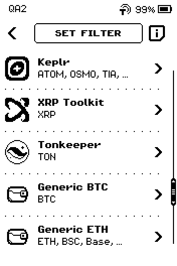 Wallet list, fourth page: Keplr, XRP Toolkit, Tonkeeper, Generic BTC, Generic ETH.
