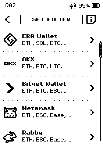 Wallet list paging through five pages, from ERA Wallet, OKX and Bitget Wallet to Generic BTC, Generic ETH and Multichain, with SET FILTER at the top.