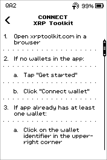 Connect XRP Toolkit instructions, 6 steps ending with Scan the QR code from the ERA Wallet screen, and a SHOW QR button.