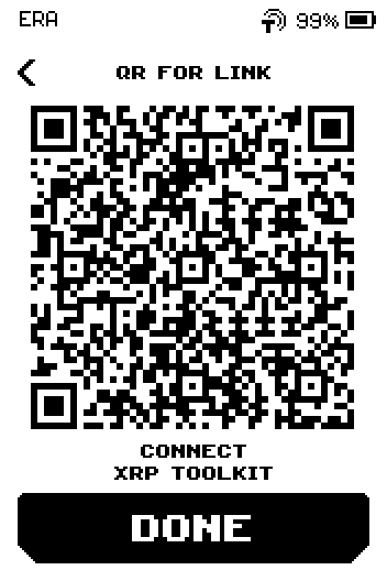 QR for link screen with the code, caption CONNECT XRP TOOLKIT and a DONE button.