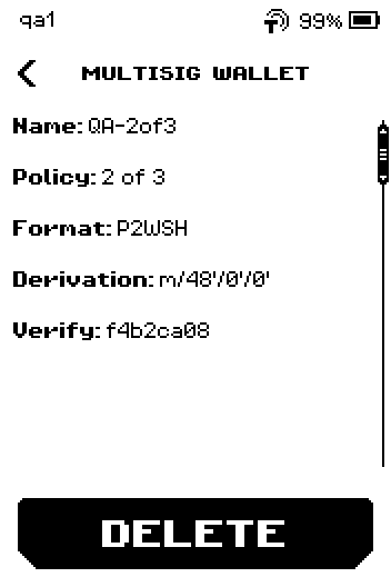MULTISIG WALLET page with Name, Policy, Format, Derivation, Verify and DELETE