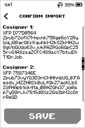 Paging through Cosigner 1, 2 and 3 rows with fingerprints and Zpub keys