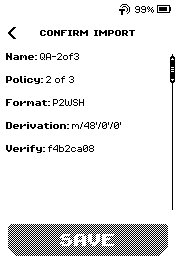 CONFIRM IMPORT page listing Name QA-2of3, Policy 2 of 3, Format P2WSH