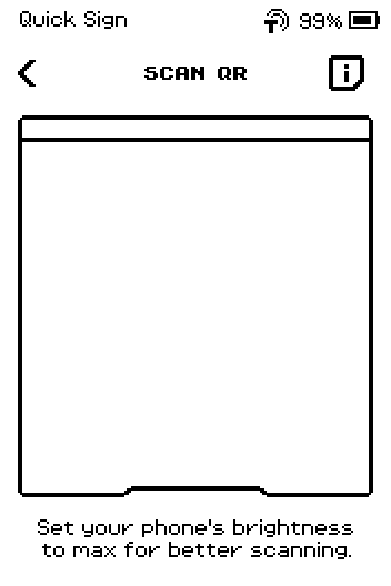 Quick Sign SCAN QR page with an empty camera frame