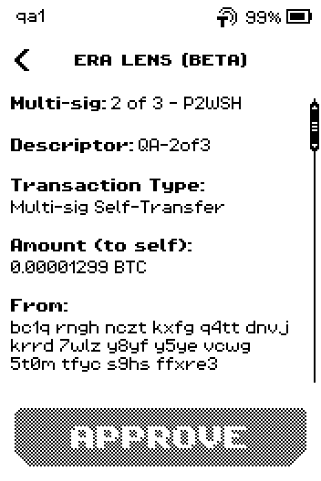 ERA LENS page with Multi-sig 2 of 3 P2WSH, Descriptor QA-2of3, Amount