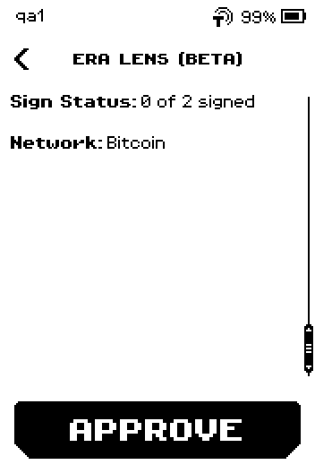 Last review page with Sign Status 0 of 2 signed, Network Bitcoin, APPROVE