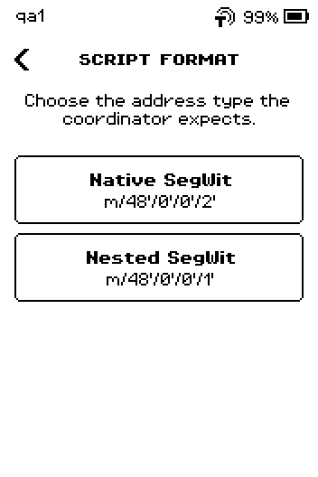 SCRIPT FORMAT page with Native SegWit m/48'/0'/0'/2' and Nested SegWit m/48'/0'/0'/1'