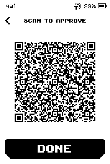 SCAN TO APPROVE page with the animated signed-transaction QR code