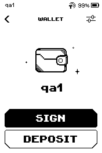 Wallet page qa1 with SIGN and DEPOSIT buttons
