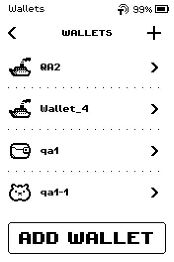 Wallets list with QA2, Wallet_4, qa1, qa1-1