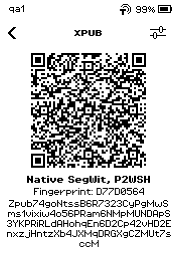 XPUB QR code, Native SegWit P2WSH, Fingerprint D77D0564, Zpub text