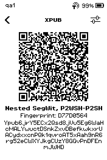 XPUB QR code, Nested SegWit P2WSH-P2SH, Fingerprint D77D0564, Ypub text