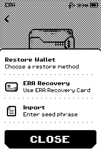 Restore wallet sheet with ERA Recovery and Import options.