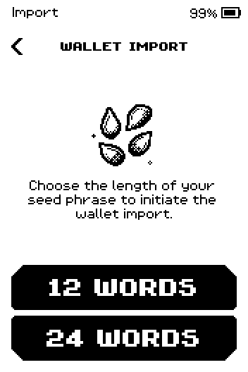 Wallet import screen with 12 WORDS and 24 WORDS buttons.