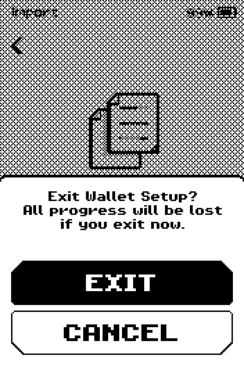 Exit Wallet Setup? confirmation with EXIT and CANCEL.