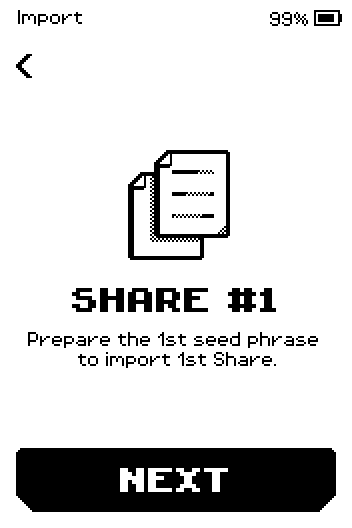 Share #1 screen: prepare the 1st seed phrase.