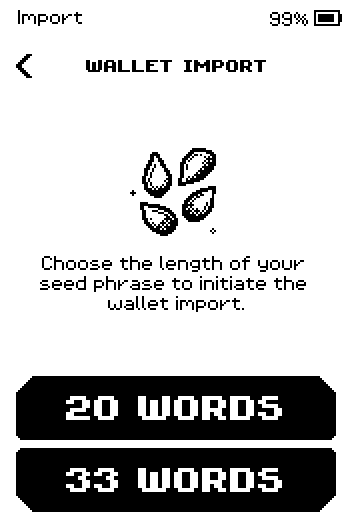 Wallet import screen with 20 WORDS and 33 WORDS buttons.
