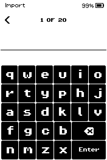 Word 1 of 20 with the on-screen keyboard.