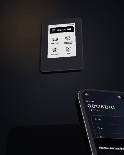 The ERA lying on the table and the phone laid on top of it, face up, its top edge across the lower half of the device; the phone shows the sign sheet going from Tap your wallet to Sent to wallet.