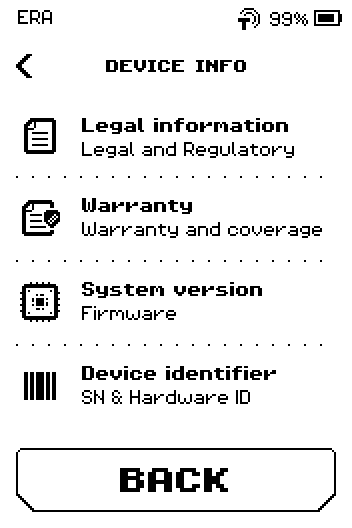 DEVICE INFO menu: Legal information, Warranty, System version, Device identifier