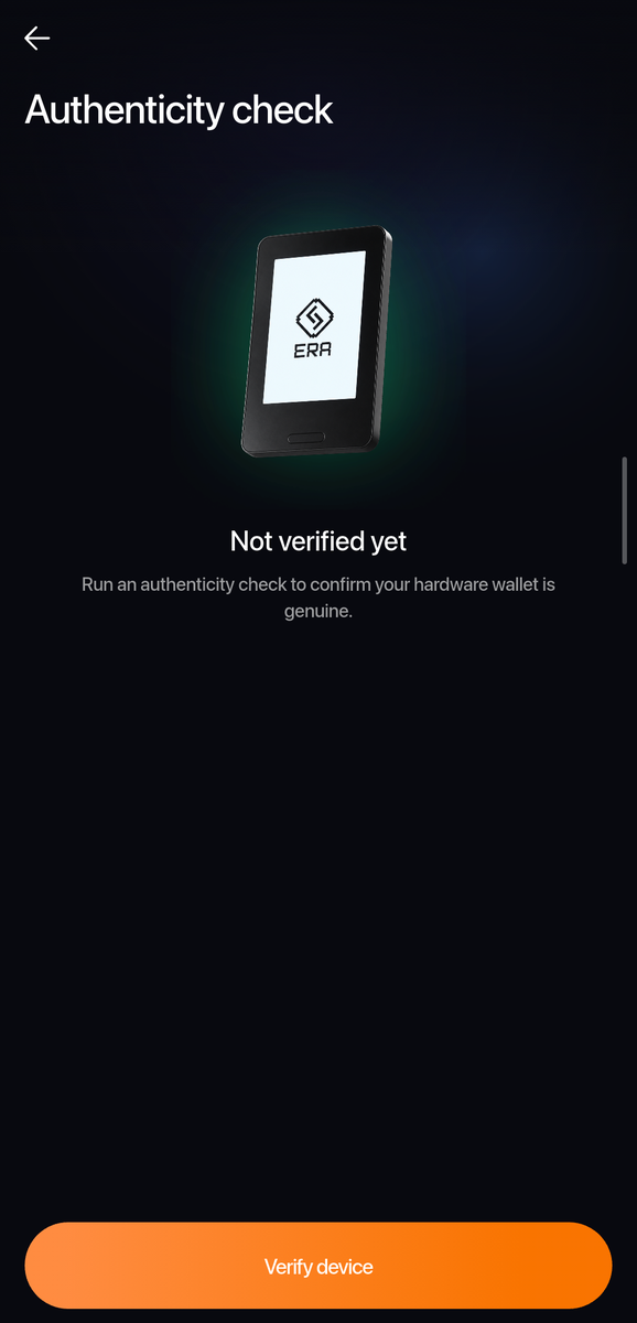 Authenticity check page in the app: an ERA device image, Not verified yet, and a Verify device button.
