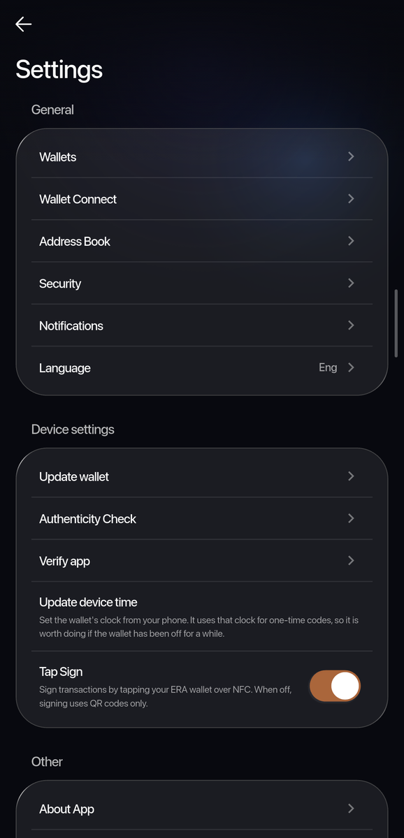 Settings page, Device settings section: Update wallet, Authenticity Check, Verify app, Update device time, and the Tap Sign row with its switch on.