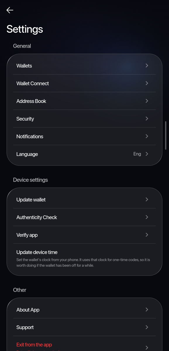 Settings page of the app: General section, then Device settings with Update wallet, Authenticity Check, Verify app and Update device time.