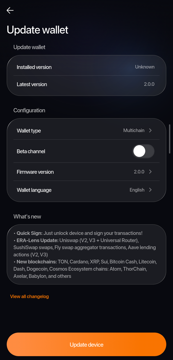 Update wallet page: Installed and Latest version, Configuration with Wallet type Multichain, What's new, and an Update device button.