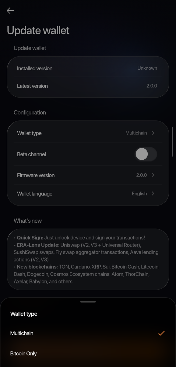 Wallet type sheet over the Update wallet page, with the options Multichain, ticked, and Bitcoin Only.