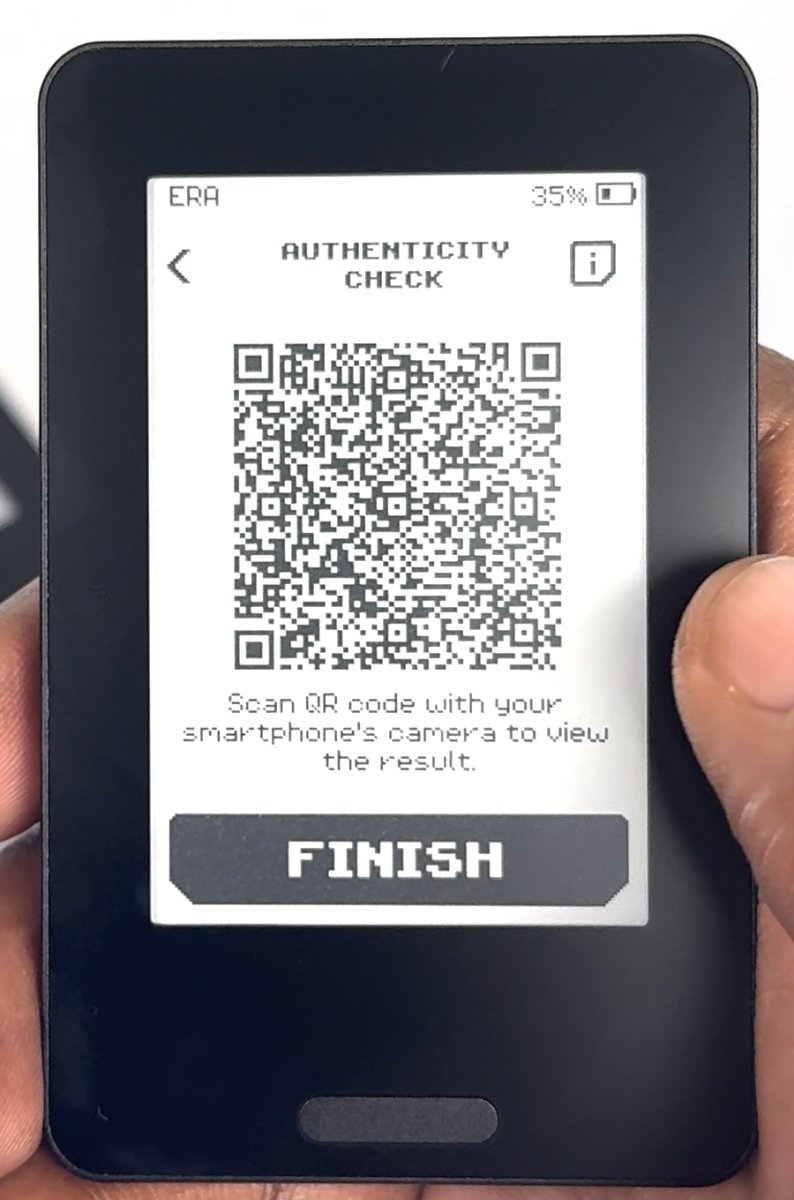 ERA AUTHENTICITY CHECK page: answer QR code, scan it with your smartphone's camera to view the result, FINISH button