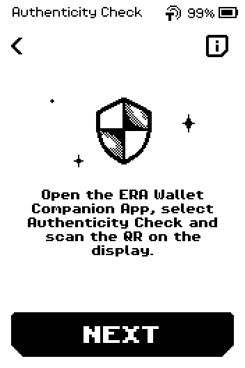 Authenticity Check start page with shield icon and NEXT button
