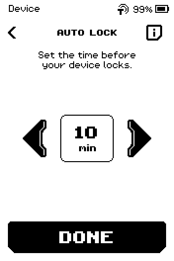 Auto lock changed to 10 min, bottom button now reads DONE