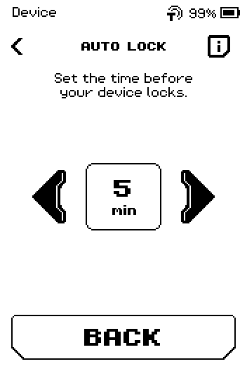 Auto lock page showing 5 min between two arrows, bottom button BACK